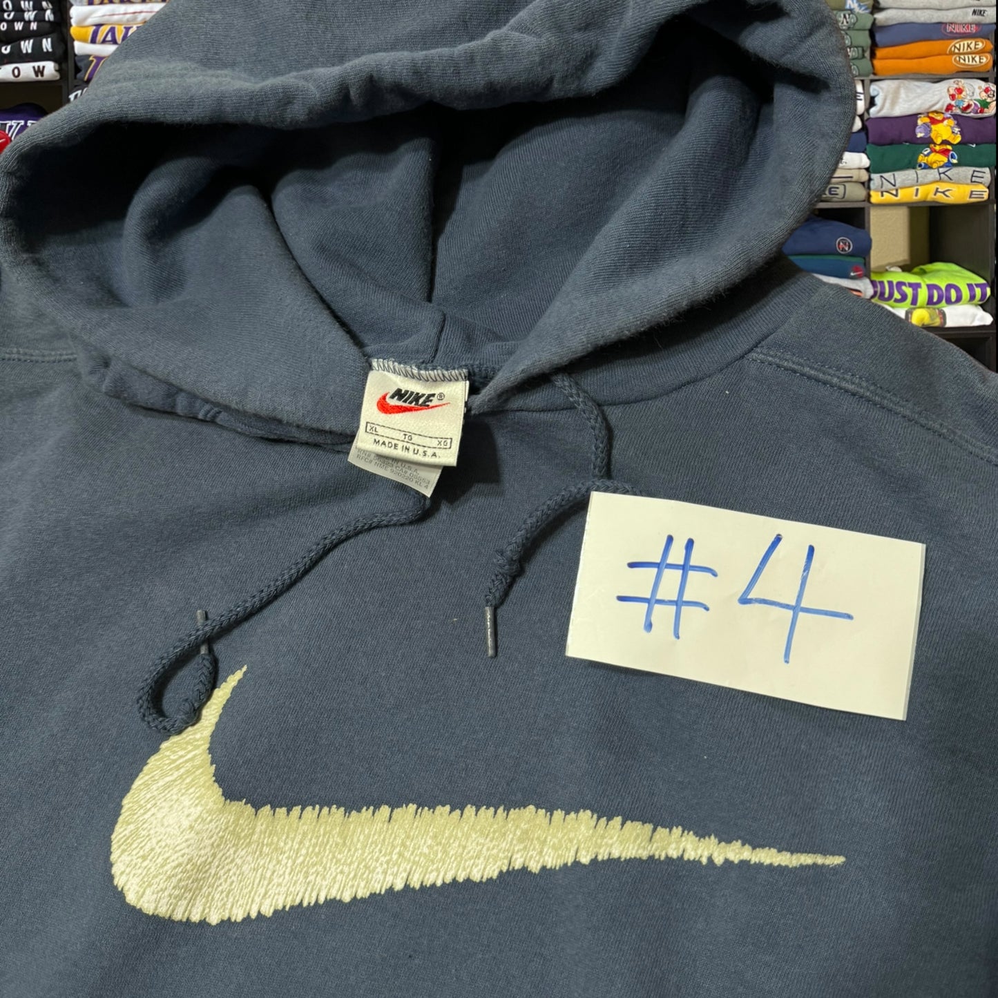 90s stone blue Nike swoosh logo hoodie, similar as seen on Madison beer