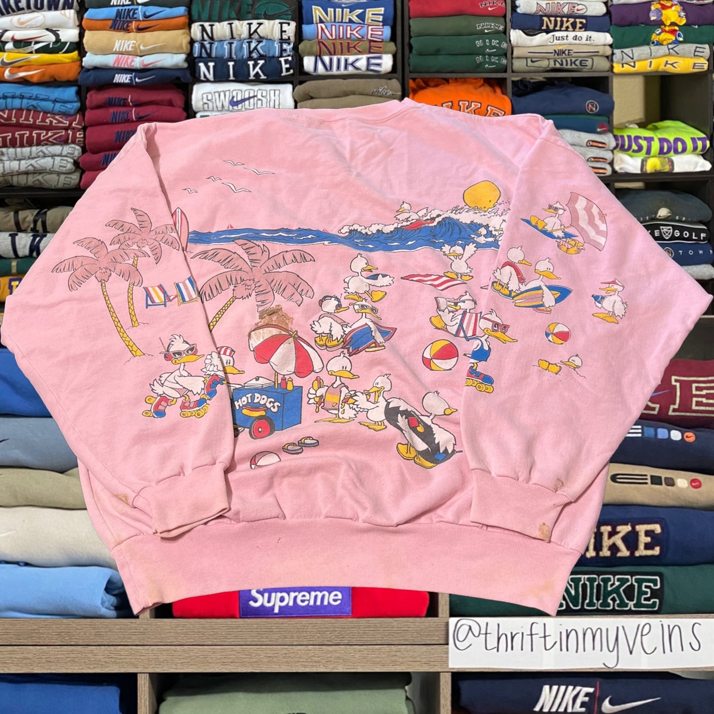 90s duck all over print beach sweater