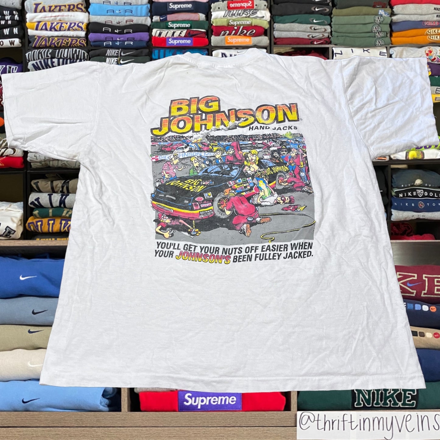90s sex humor big Johnson race car graphic shirt