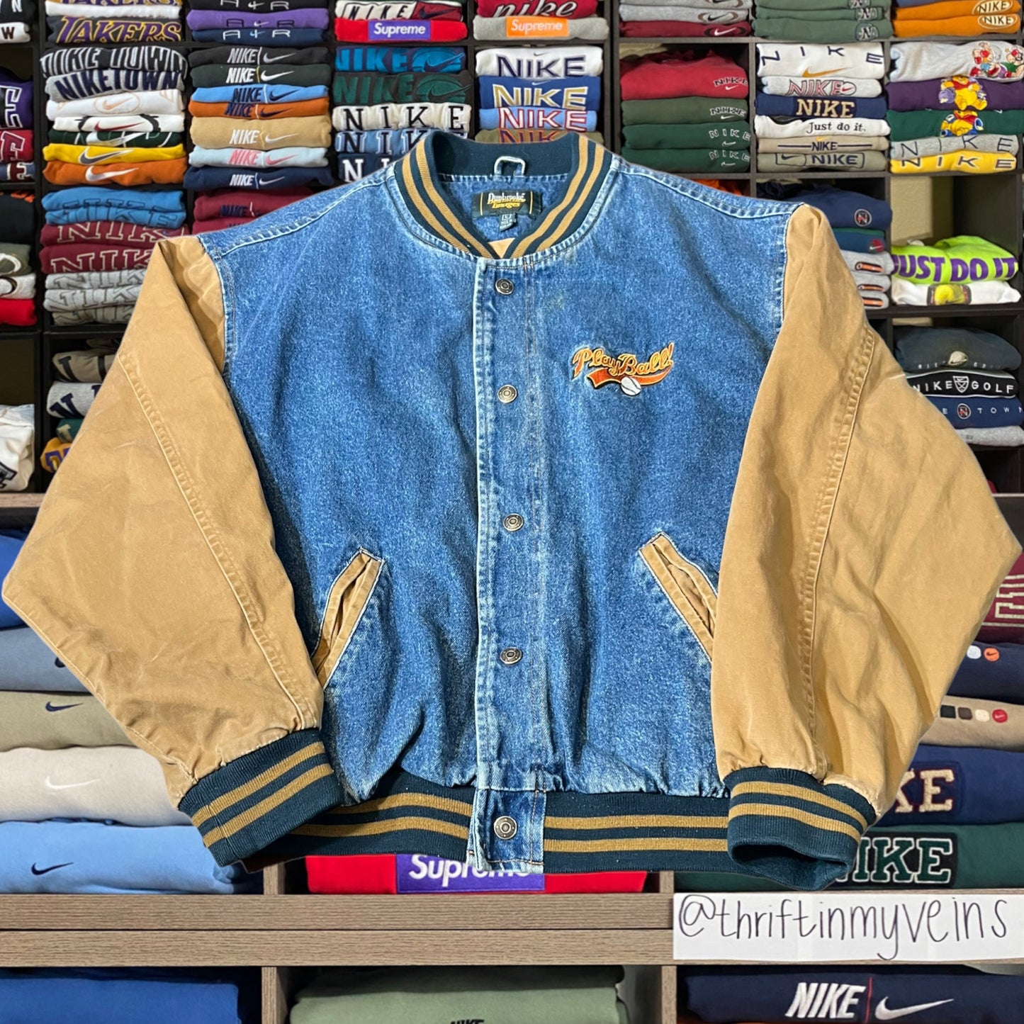 90s baseball denim varsity jacket