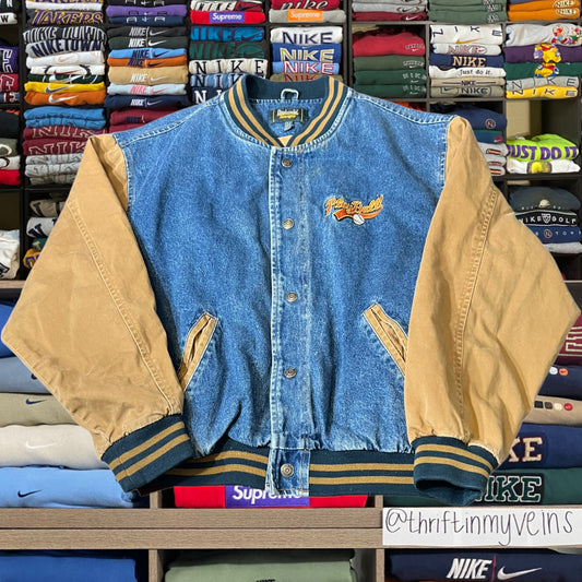 90s baseball denim varsity jacket