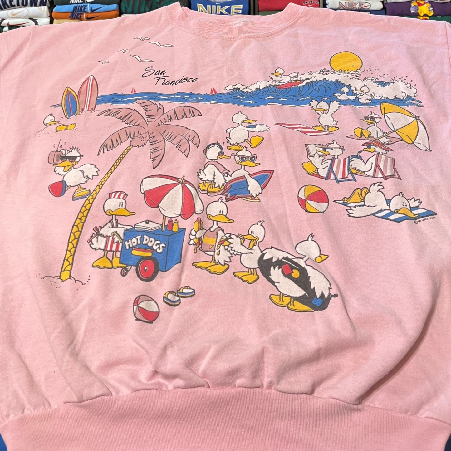 90s duck all over print beach sweater