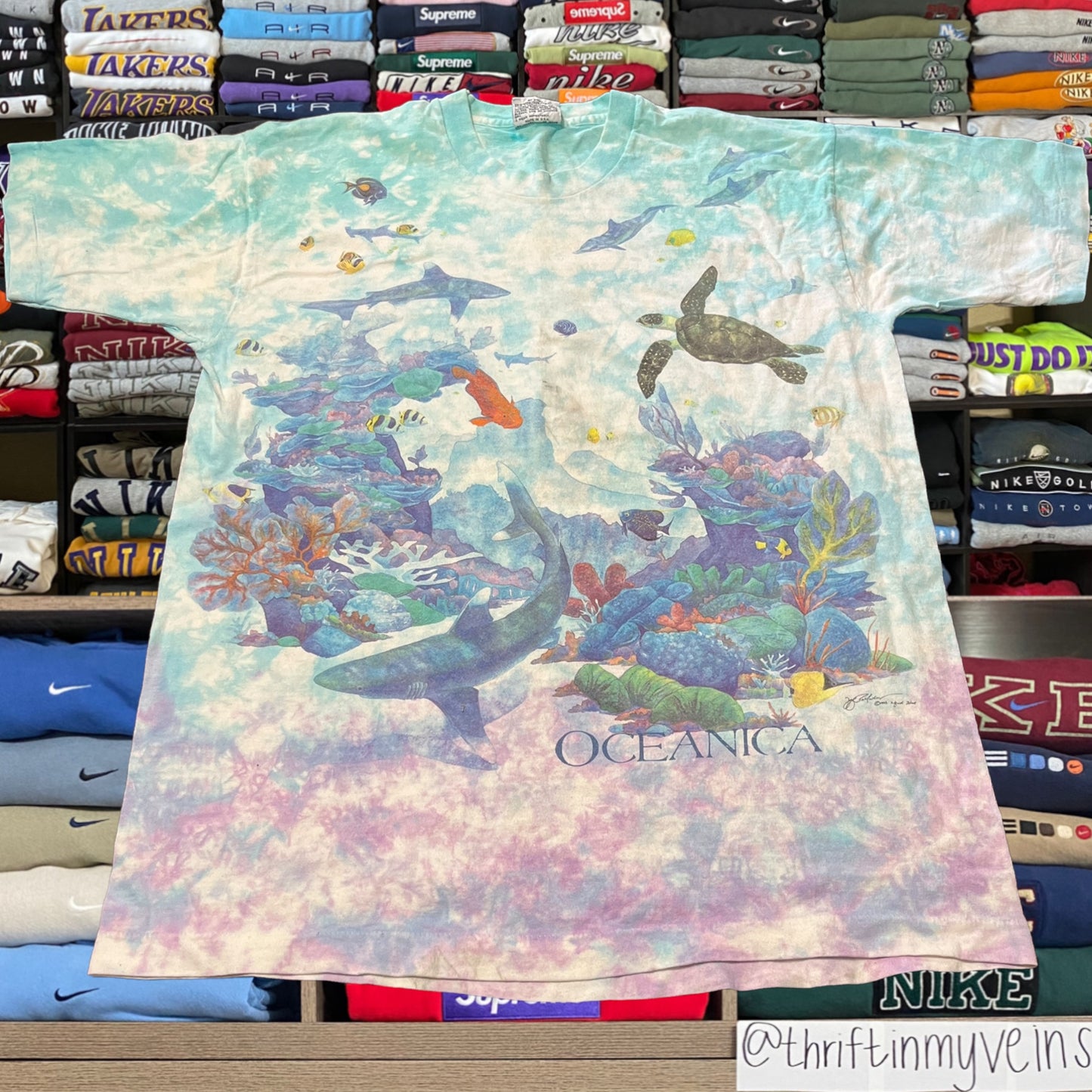 90s liquid blue sea life nature all over print
