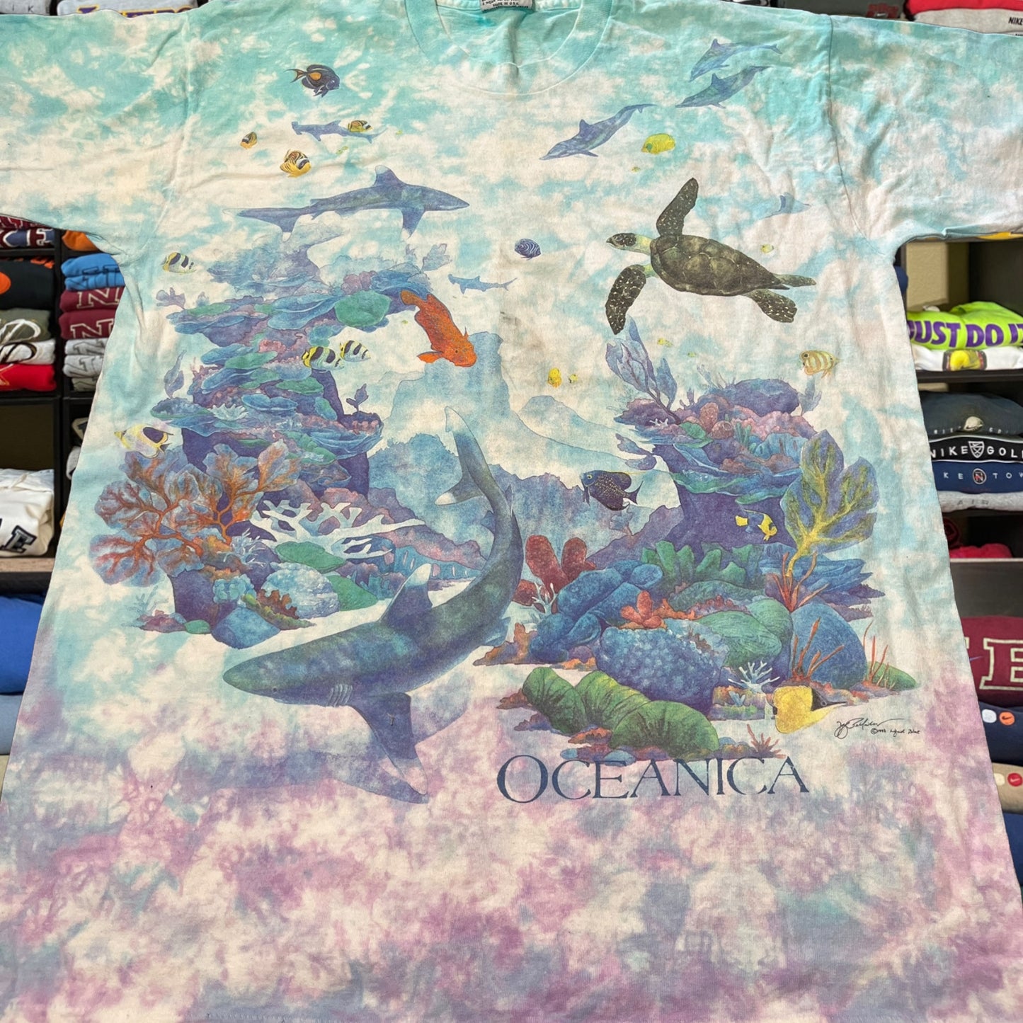90s liquid blue sea life nature all over print