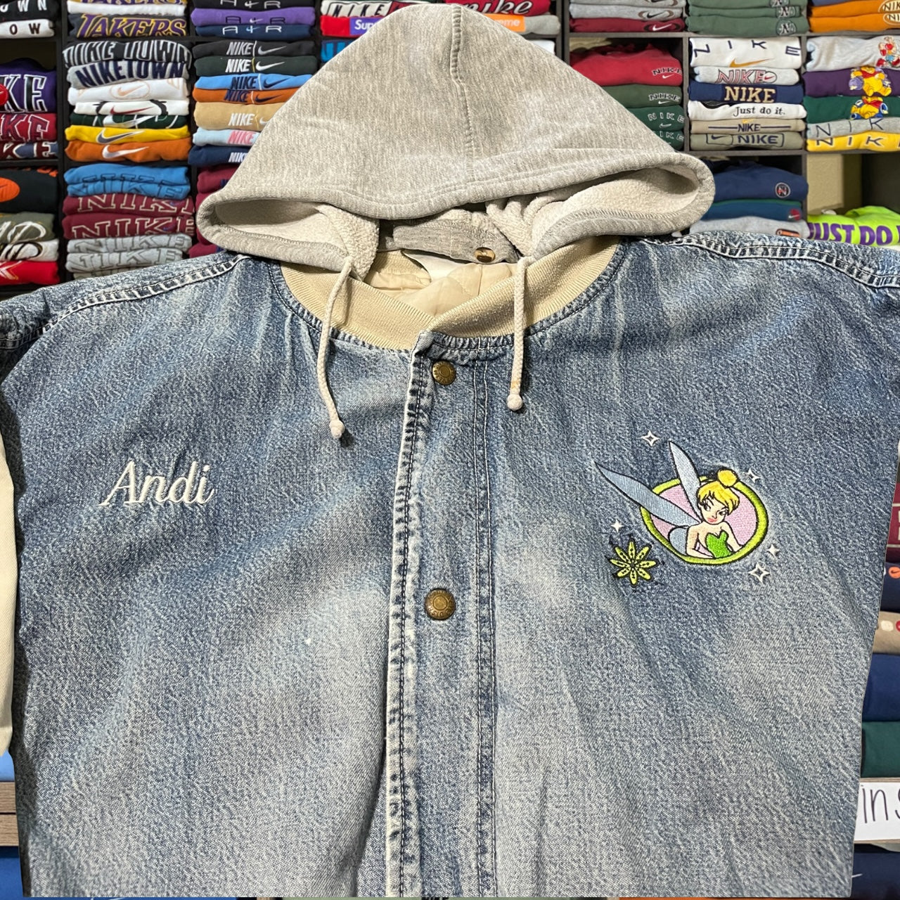 90s tinkerbell denim varsity jacket