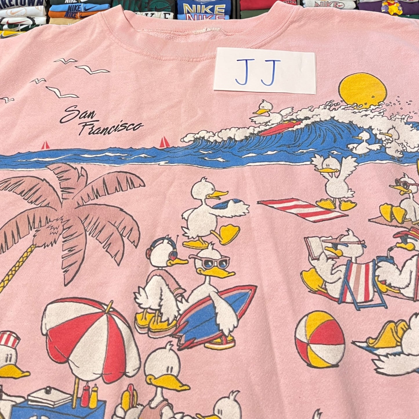 90s duck all over print beach sweater