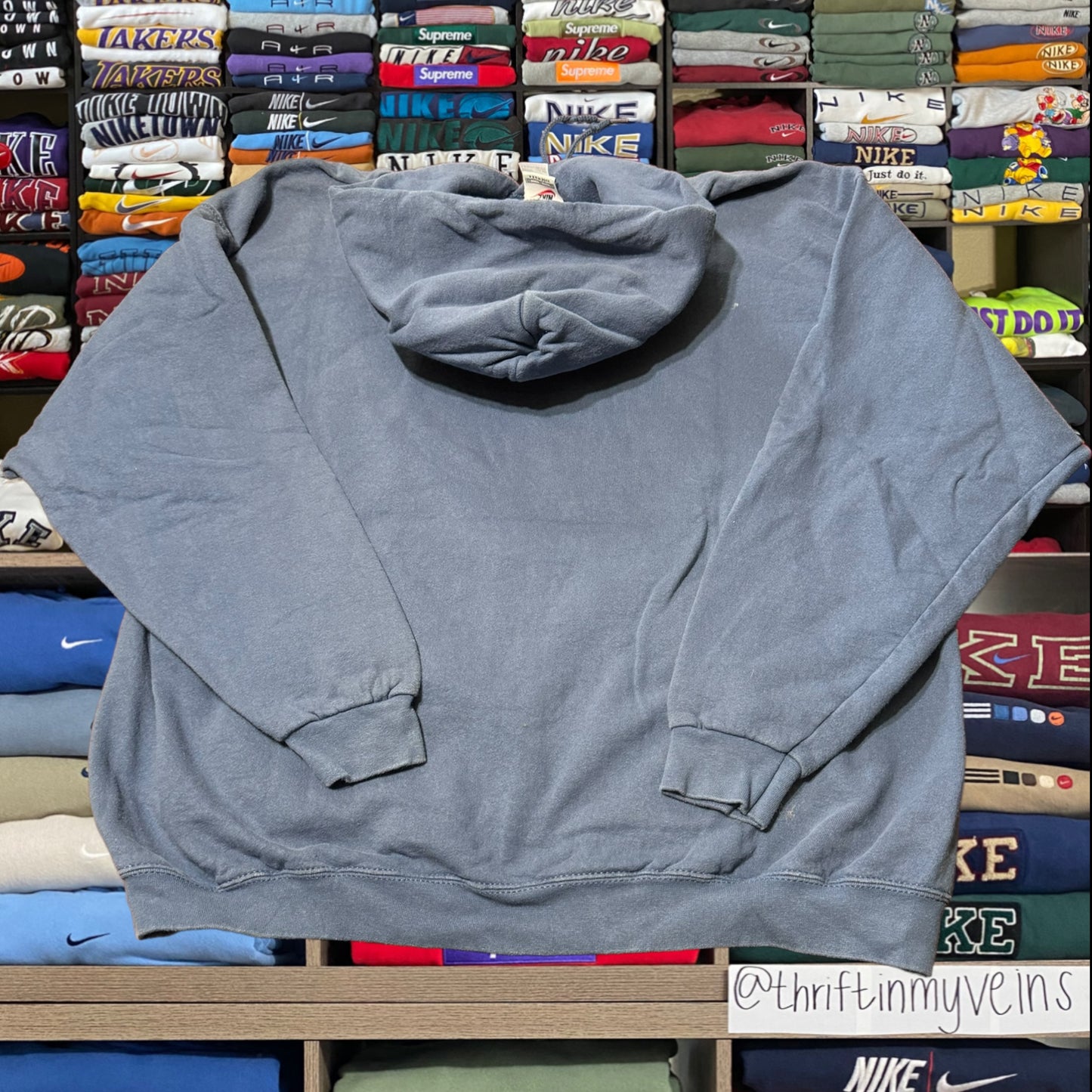 90s stone blue Nike swoosh logo hoodie, similar as seen on Madison beer