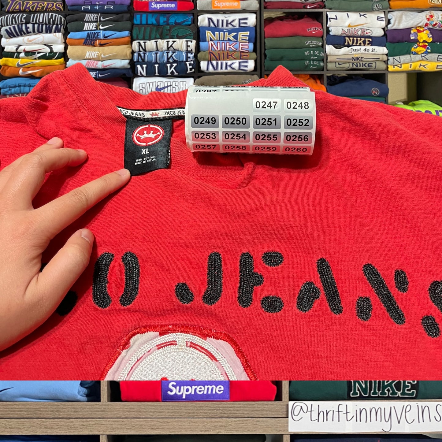 vintage y2k red jnco jeans shirt