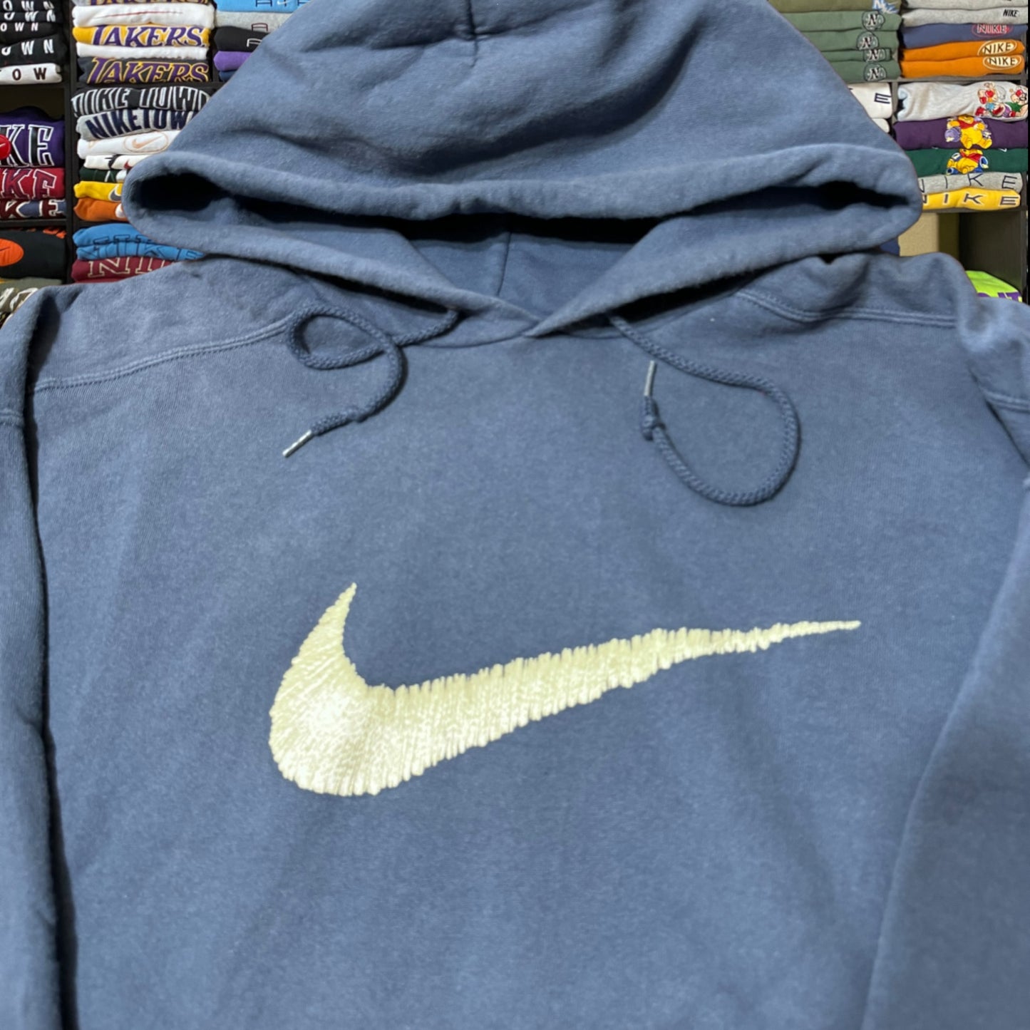 90s stone blue Nike swoosh logo hoodie, similar as seen on Madison beer