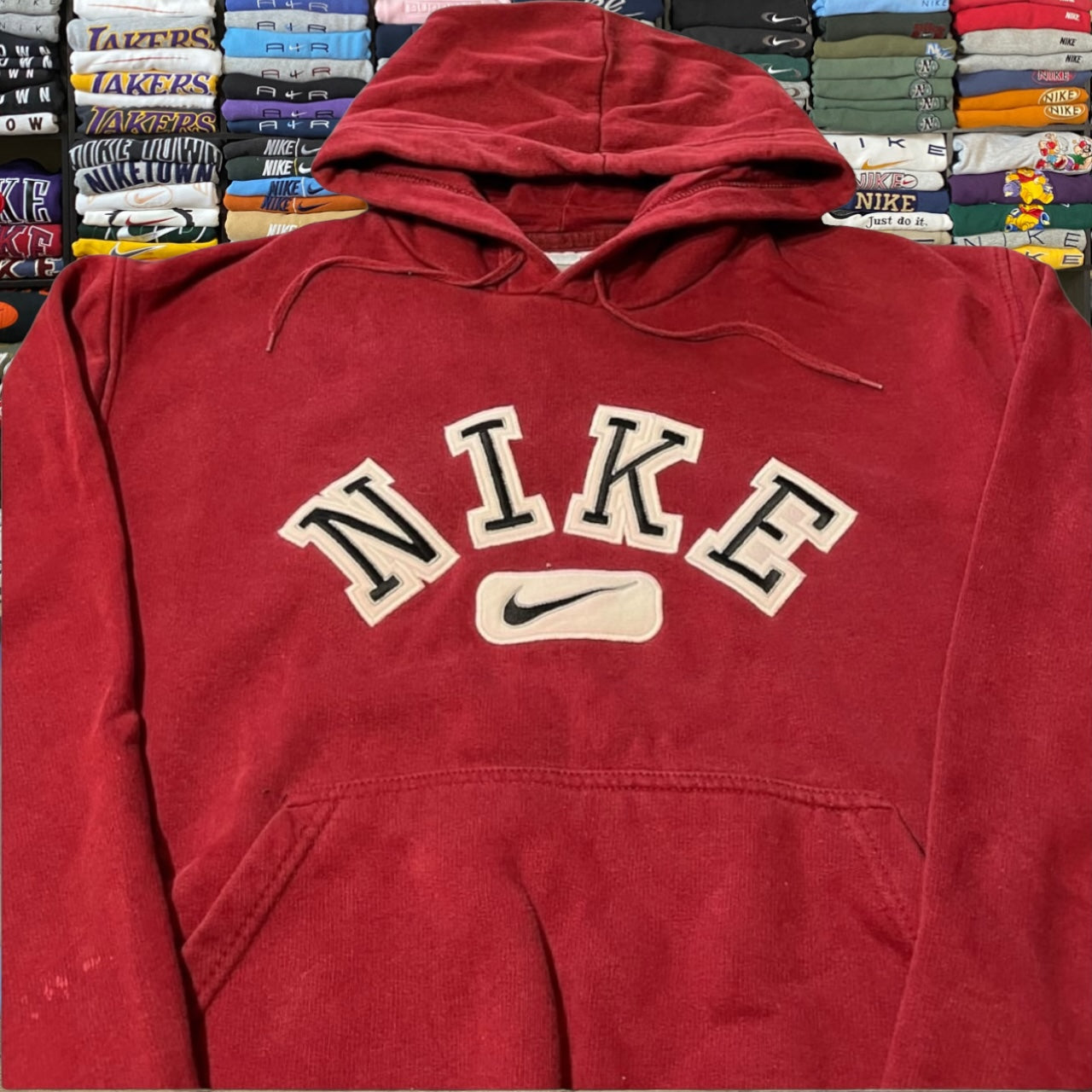Y2K burgundy Nike spelled out hoodie