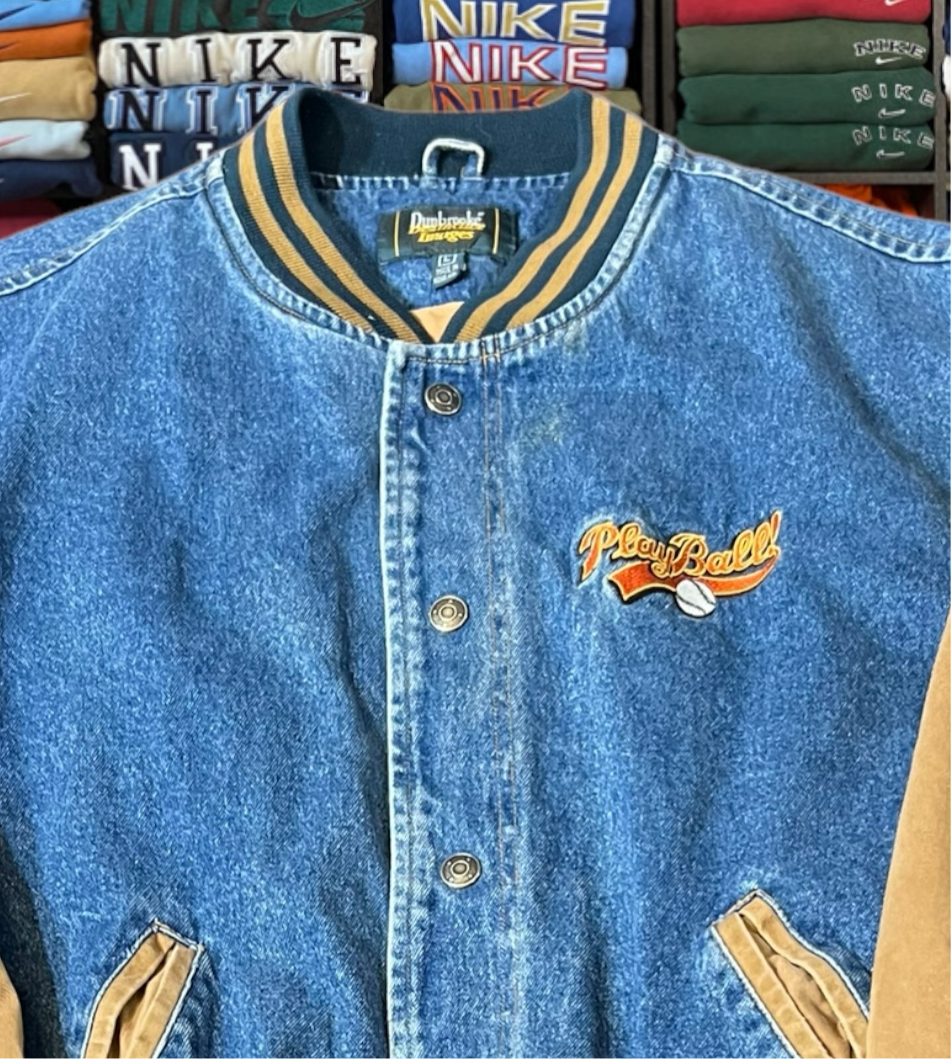 90s baseball denim varsity jacket