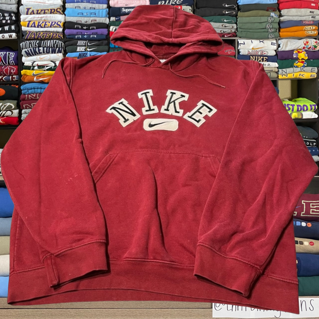 Y2K burgundy Nike spelled out hoodie