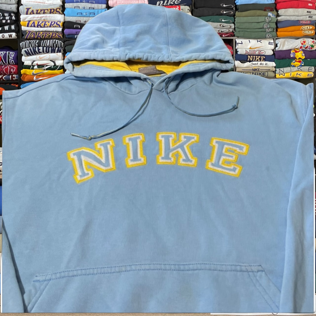 Y2K baby blue Nike spelled out hoodie