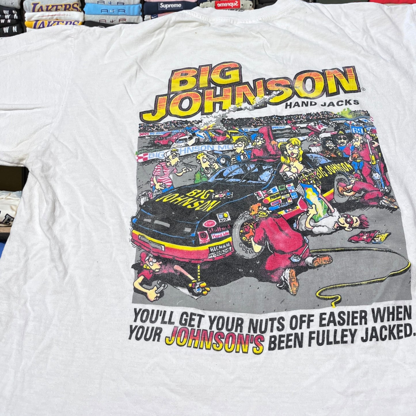 90s sex humor big Johnson race car graphic shirt