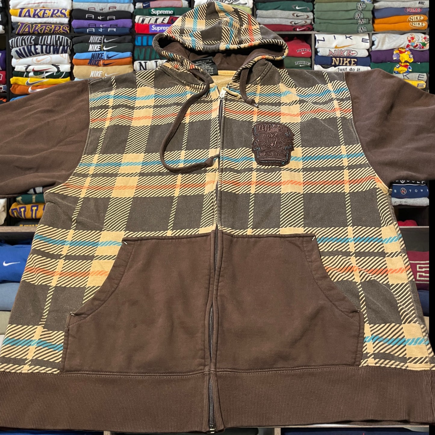 Y2K Mecca wear skater brown pattern full zip hoodie