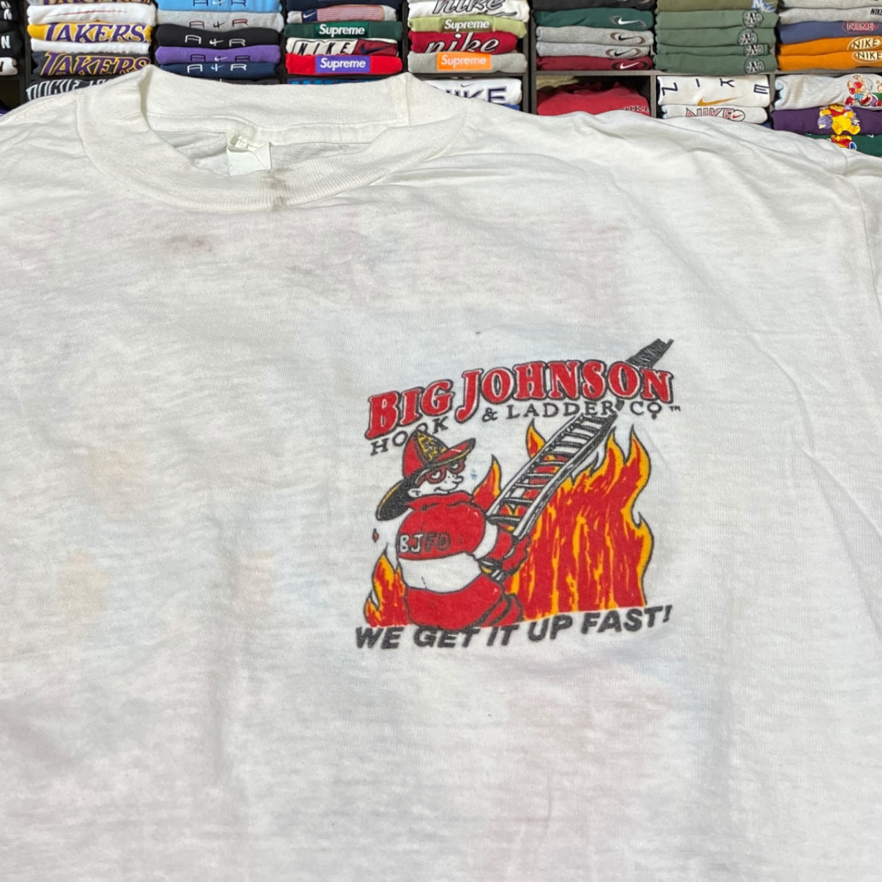 90s big Johnson sex humor firefighter  shirt