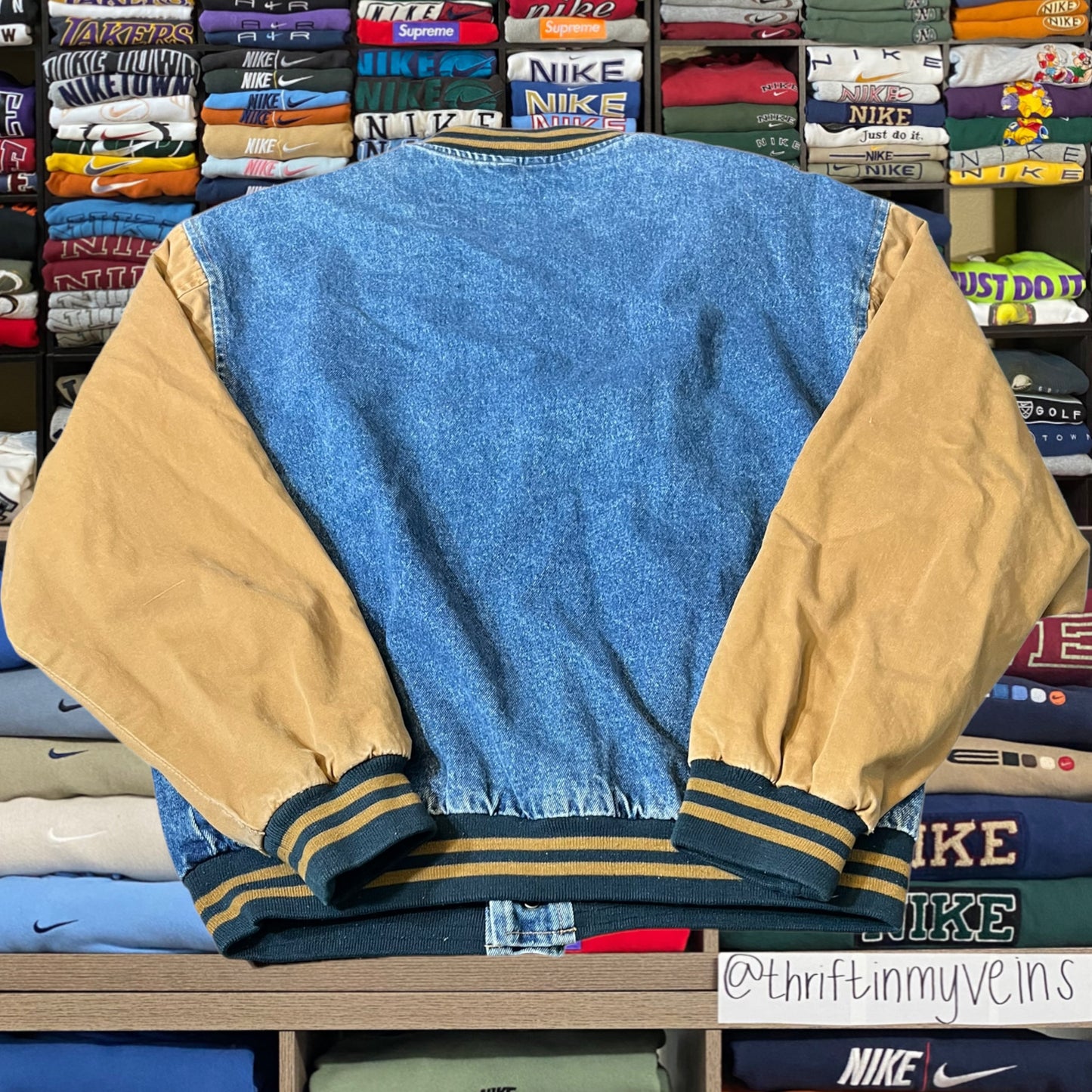 90s baseball denim varsity jacket