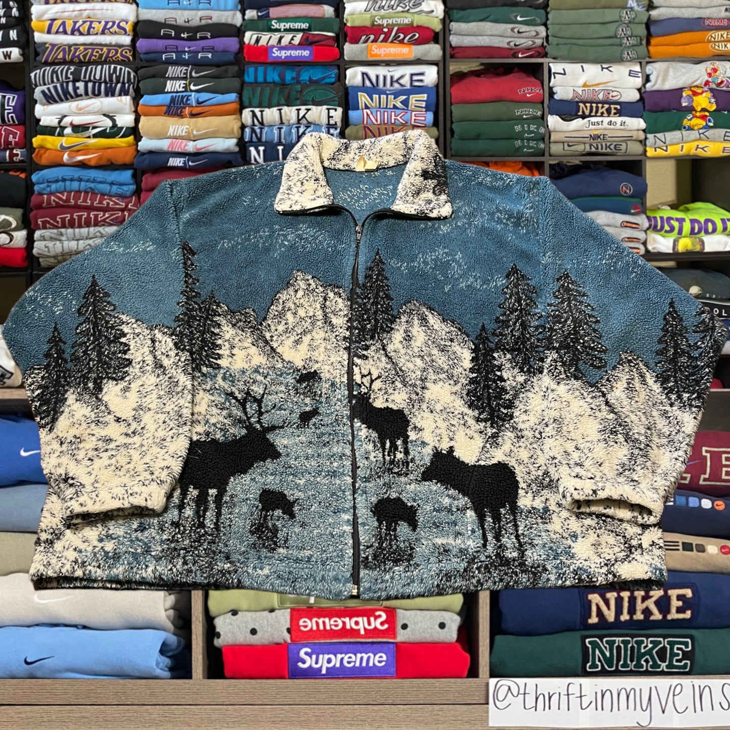 90s moose nature fleece all over print jacket