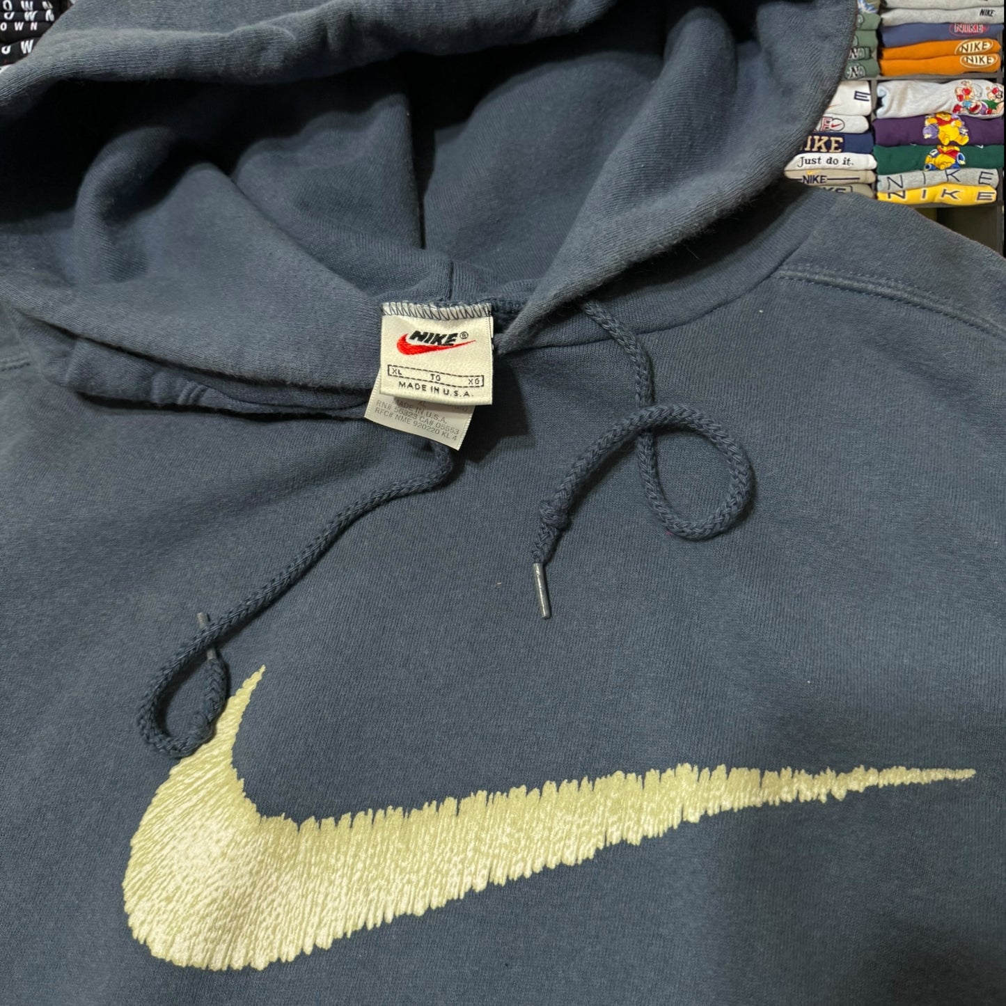 90s stone blue Nike swoosh logo hoodie, similar as seen on Madison beer